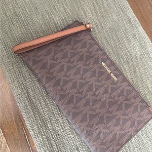 Michael Kors Logo Patterned Brown Clutch